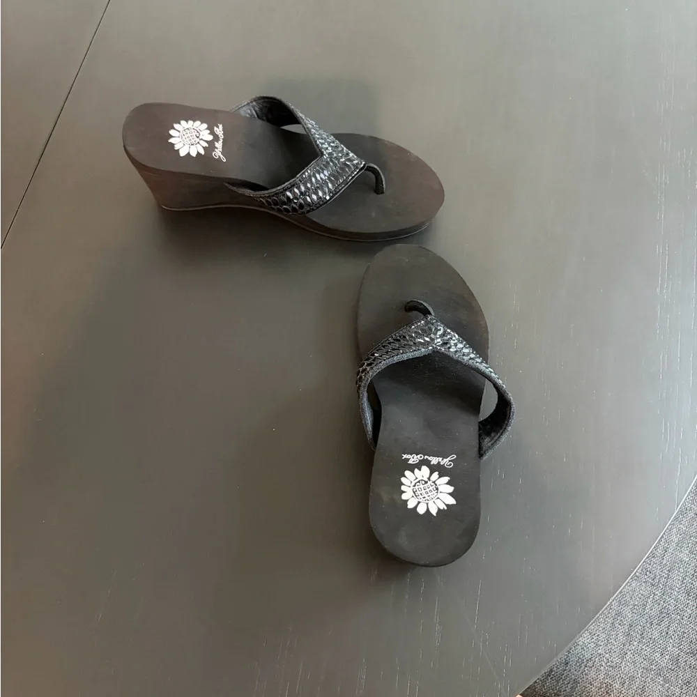 Yellow box wedge flip flops
